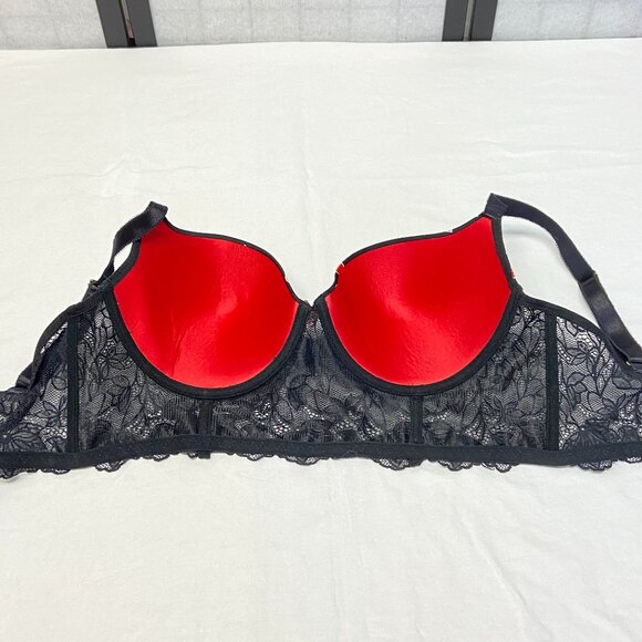 Daisy Fuentes Lace Long Line Hearts on Black Padded Underwire Bra Black Red 38DD - Picture 9 of 13